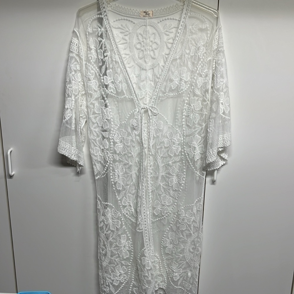Dizzy Lizzy White Lace Cover Up One Size Boho Sheer Duster - Picture 7 of 10